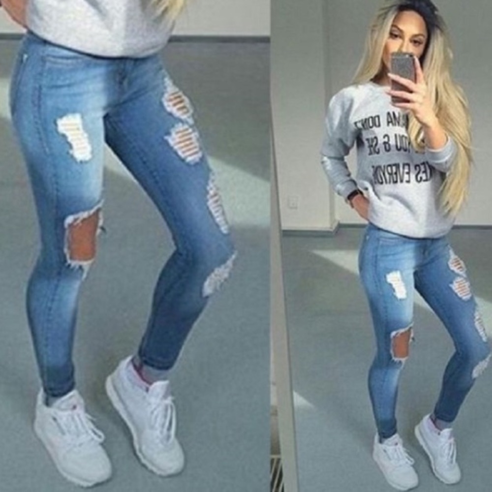 Boyfriend Hole Ripped Jeans Woman Pants & slim